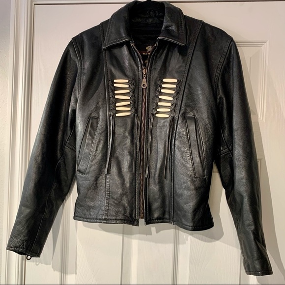 Force Leather Jacket Adult Size 6 Motorcycle Beaded Fringe Leather Vintage Women - Picture 1 of 10